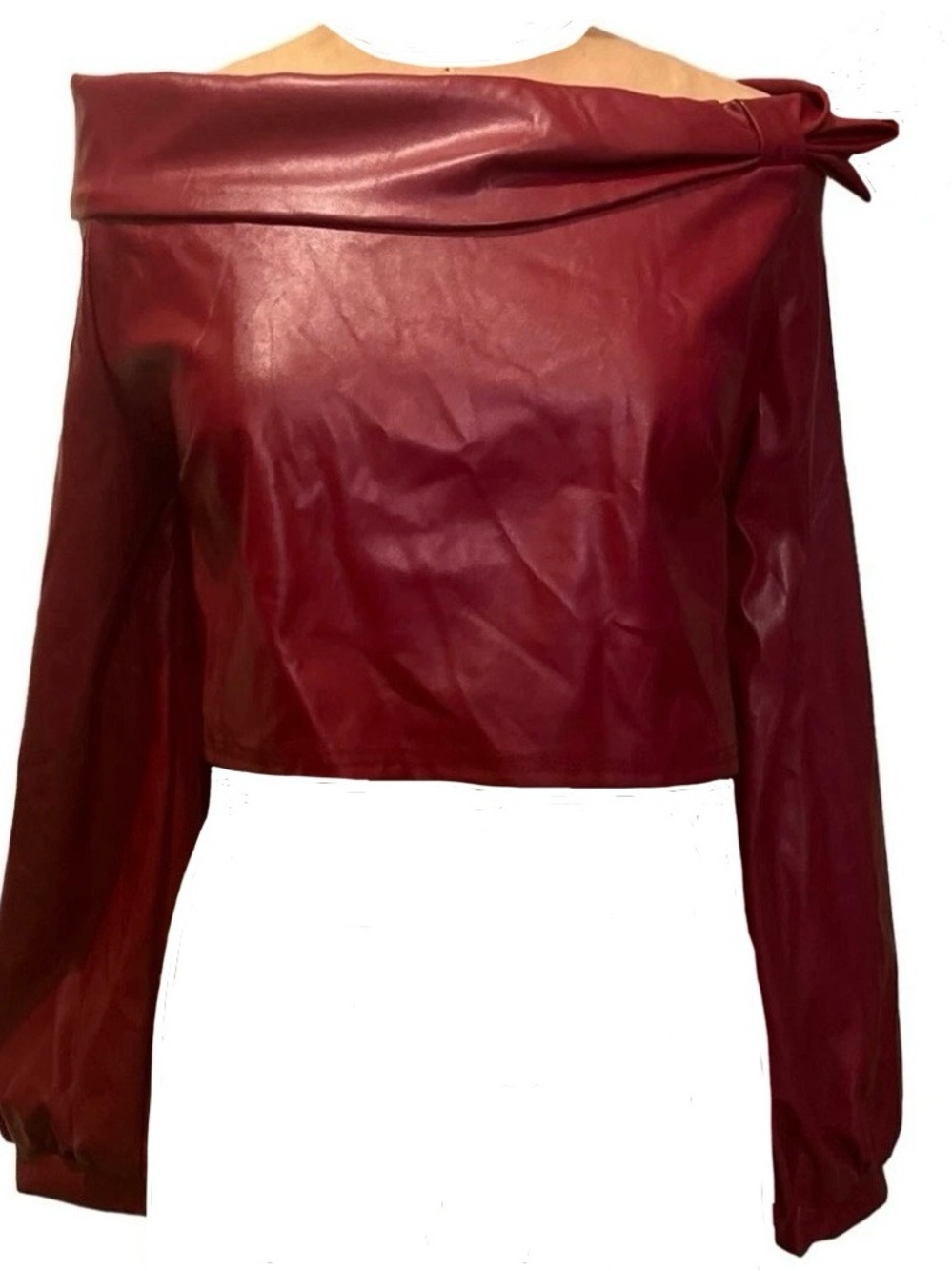Women's Off-Shoulder Burgundy Faux Leather crop top